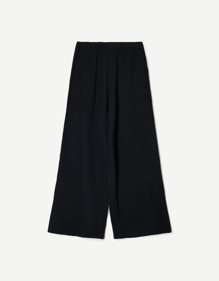 Calças wide leg rústicas double cloth-Preto