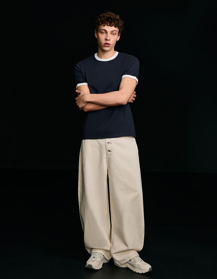 Short sleeve contrast rib T-shirt-Navy