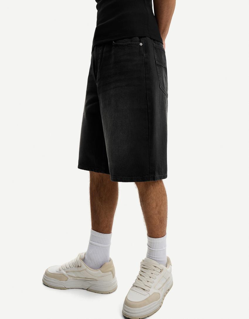 Baggy denim Bermuda shorts-Black-2