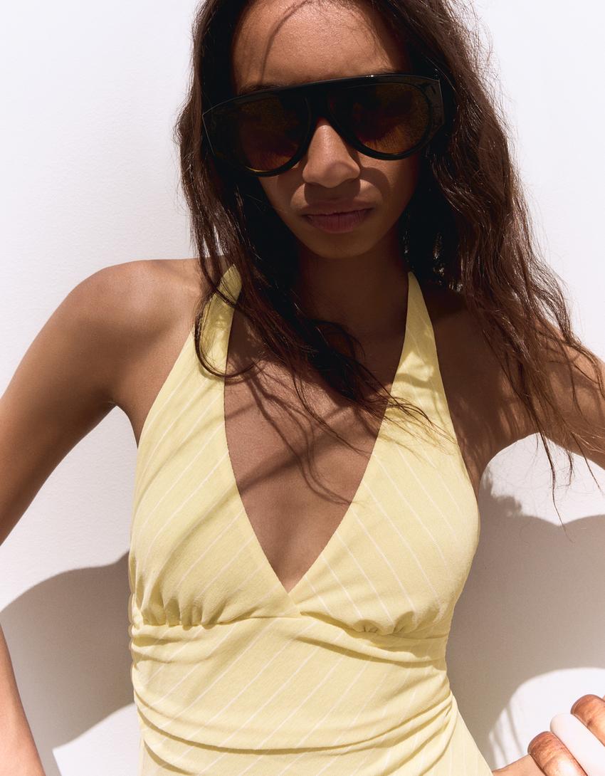 Robe mini encolure américaine à rayures-Jaune