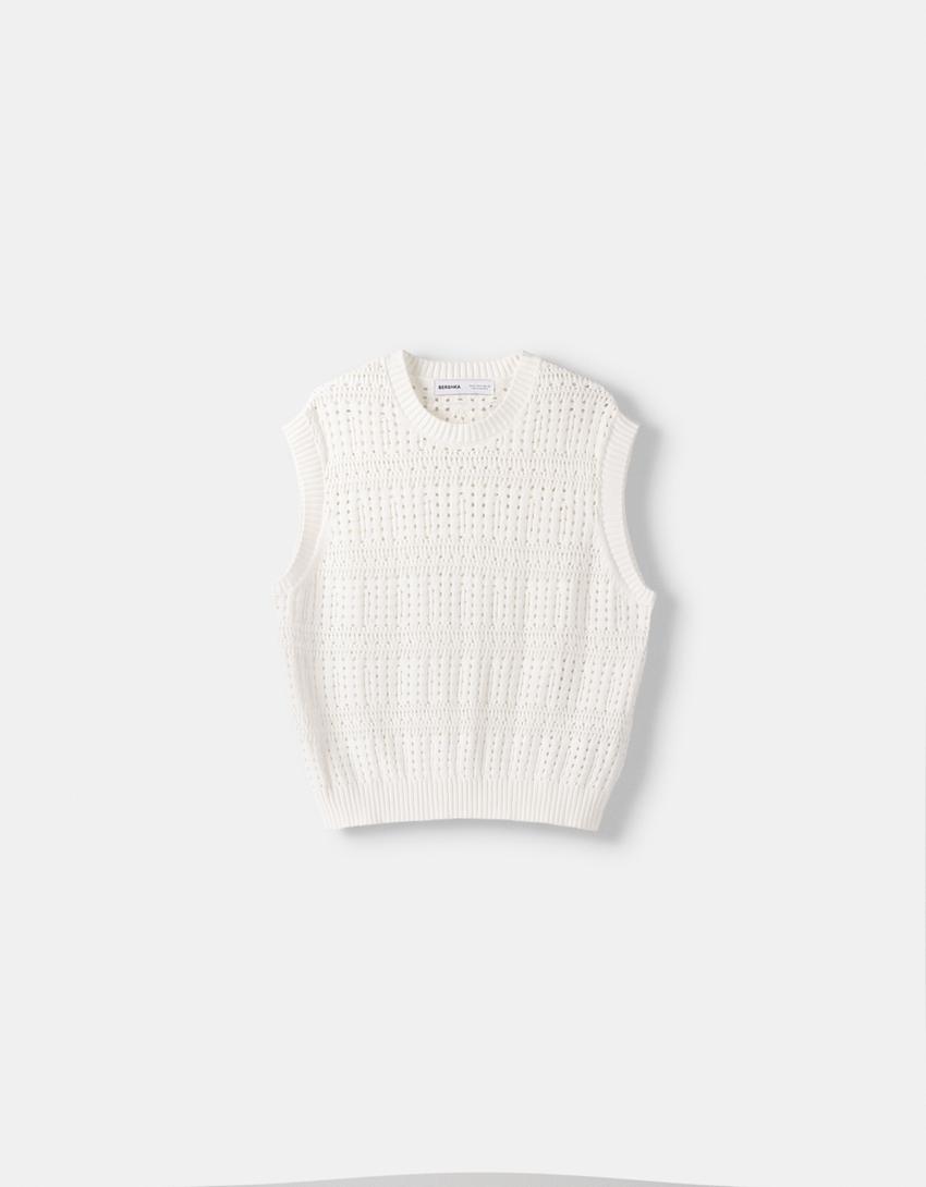 Textured openwork vest-White-4