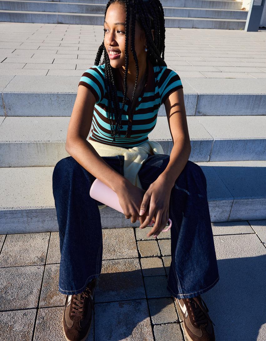 Striped short sleeve polo shirt-Brown