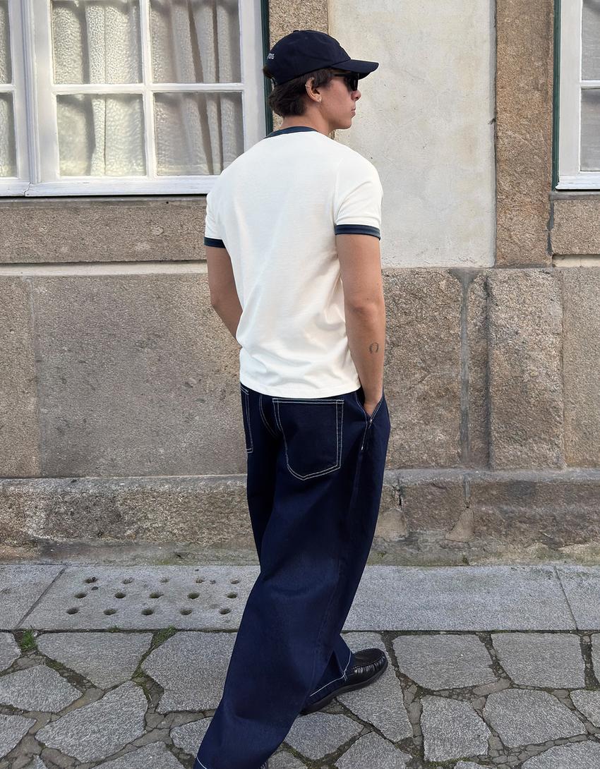 T-shirt manches courtes côtelé contrastant-Blanc cassé