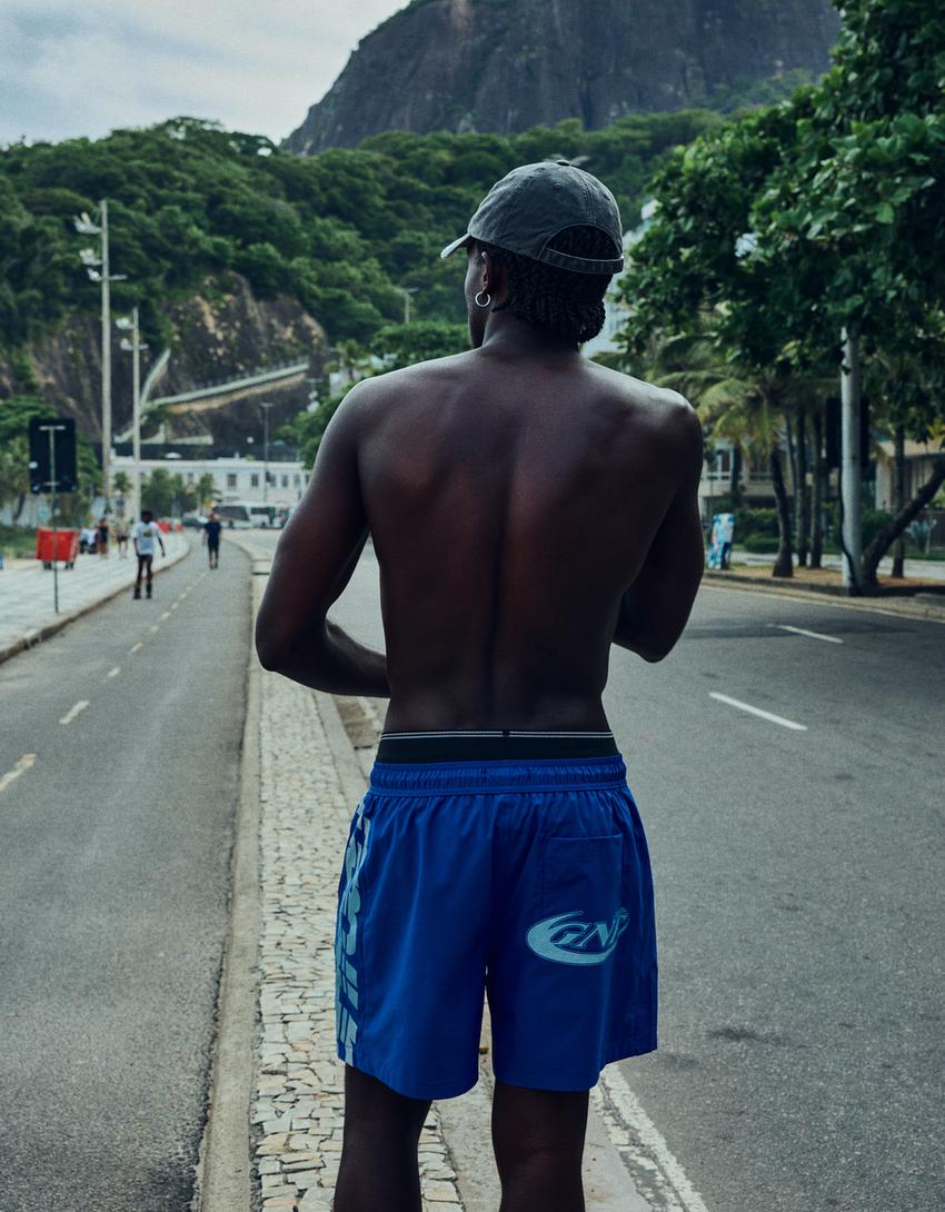 Maillot de bain Boxy fit double taille imprimé-Bleu foncé