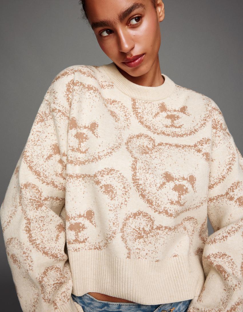 Pull jacquard imprimé-Sable