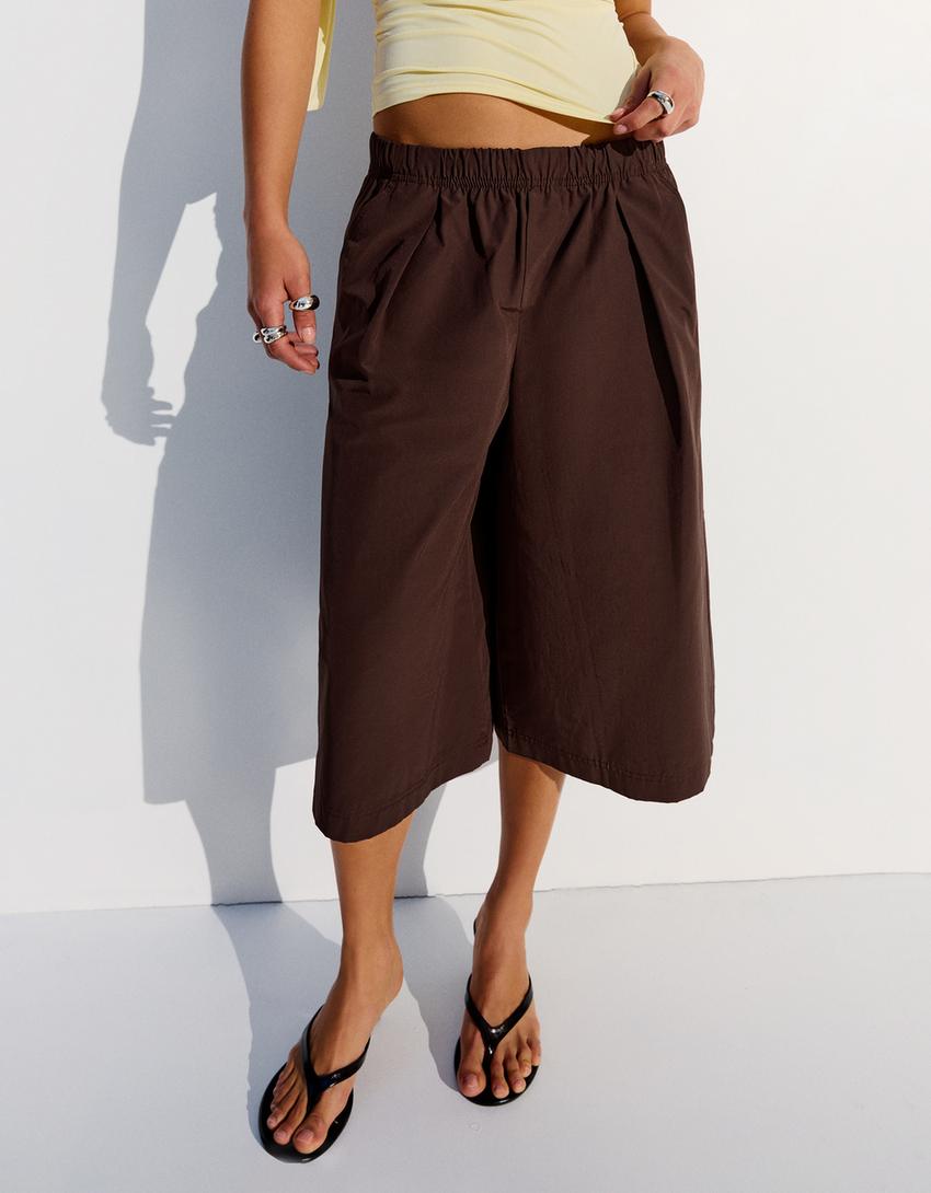 Lastikli belli culotte bermuda-Kahverengi