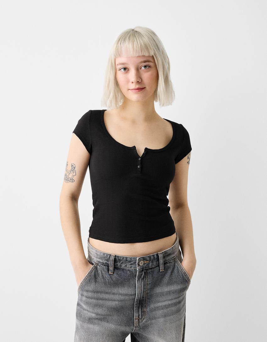 T-shirt manches courtes maille pointelle-Noir-0
