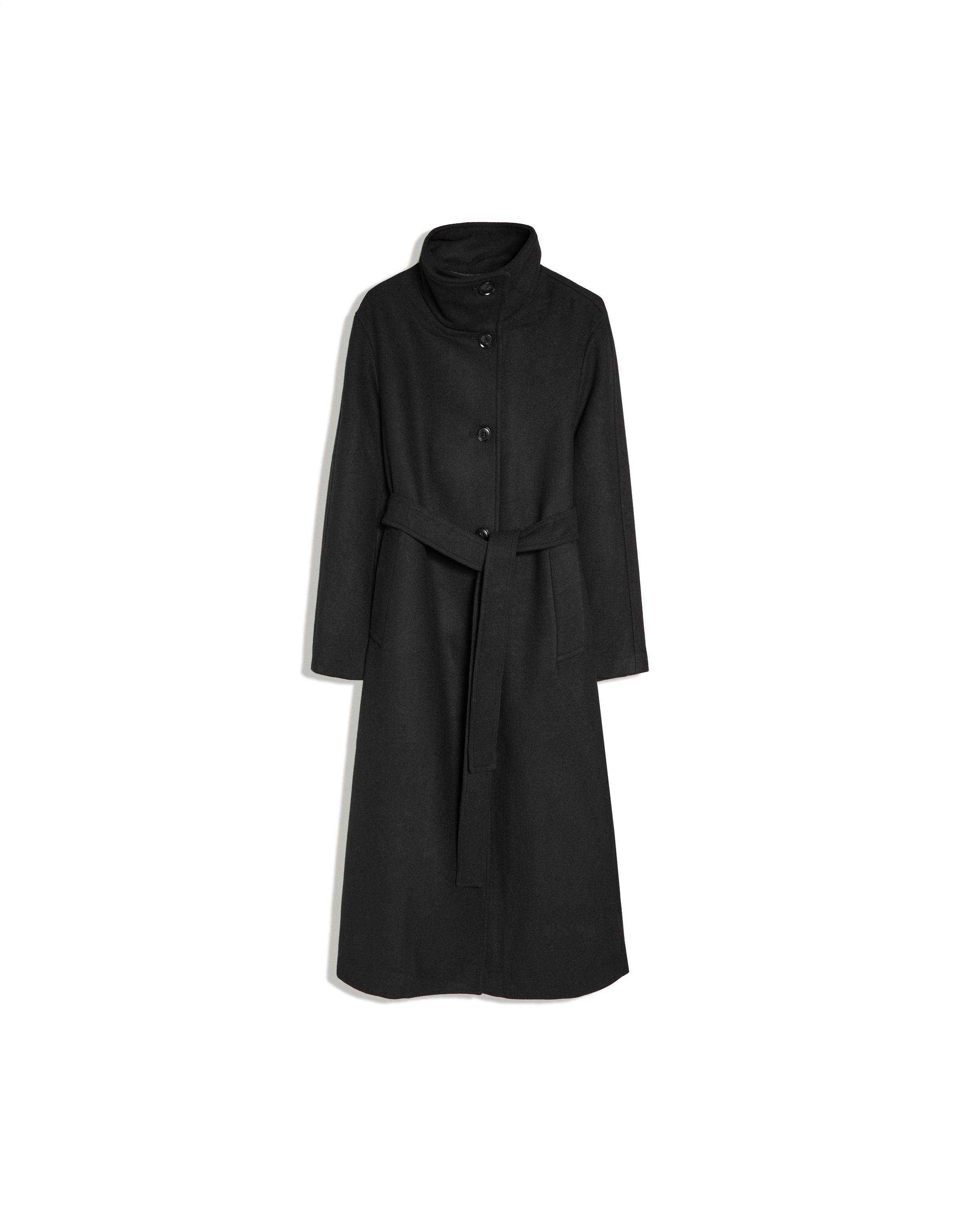 Long funnel neck coat with belt — Black