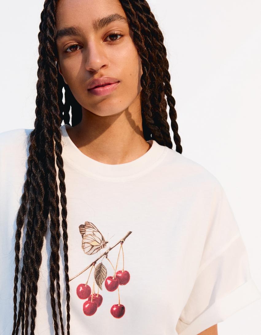 Oversized T-shirt met print en korte mouw-Gebroken Wit-0