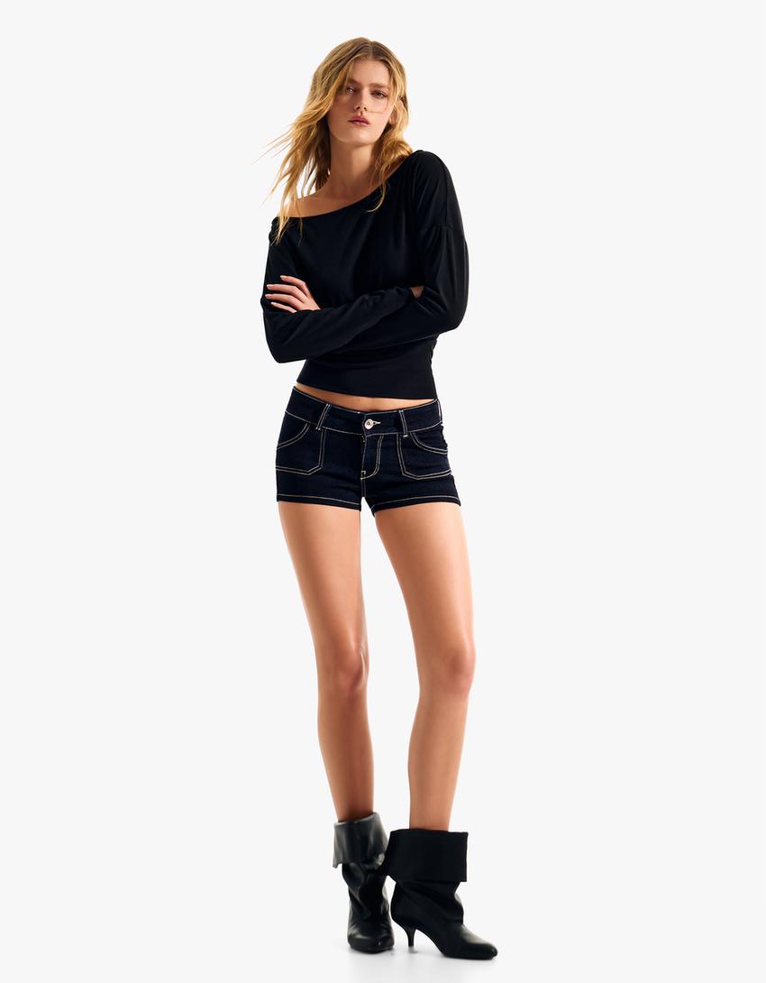 Short jeans mini contraste-Marinho