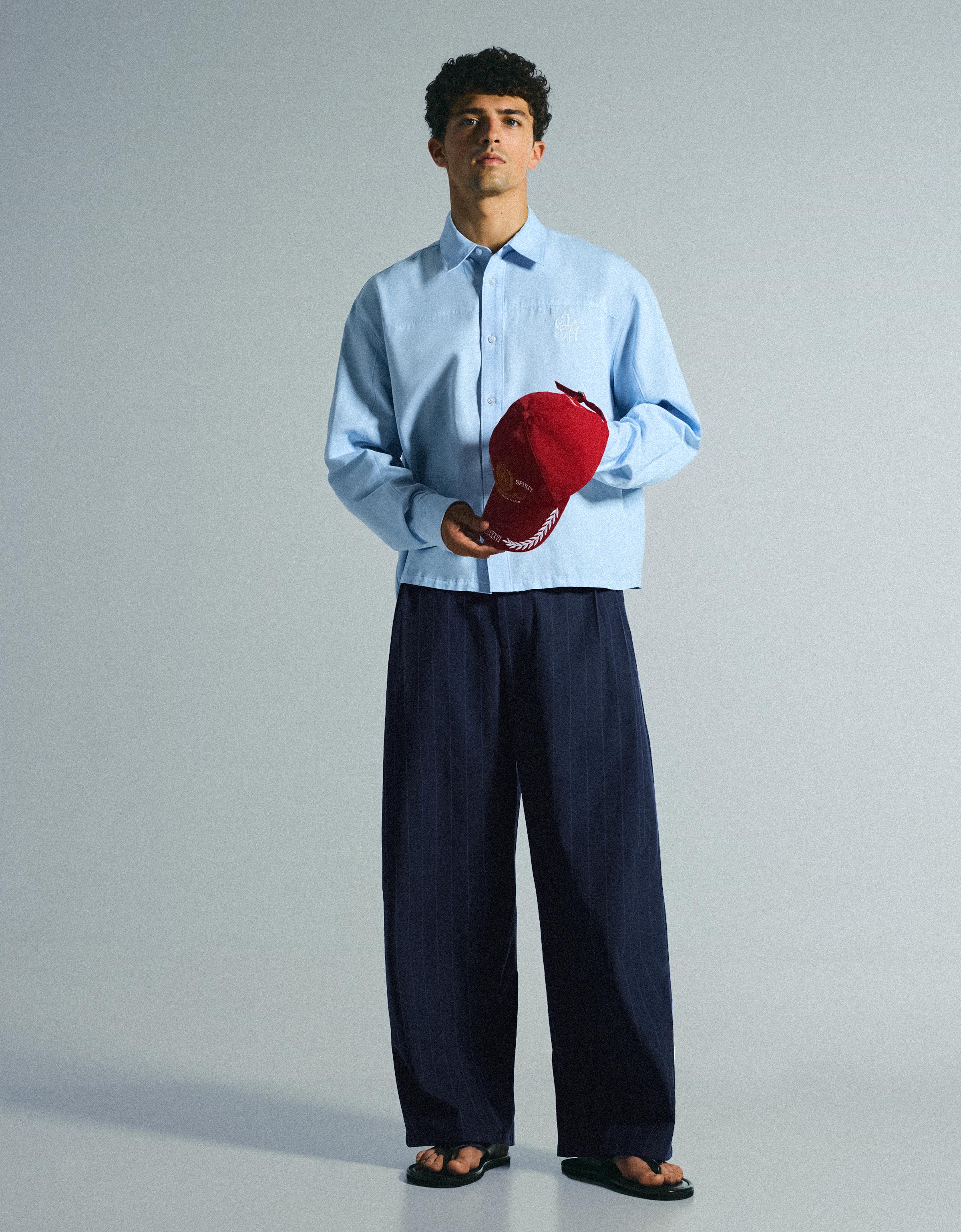 Bershka Pantalón Super Baggy Raya Diplomática Pinzas Hombre Marino