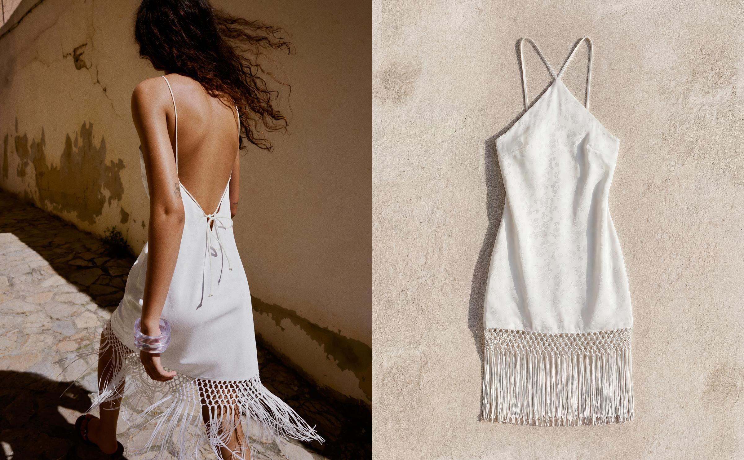Halter neck jacquard mini dress with fringing — White