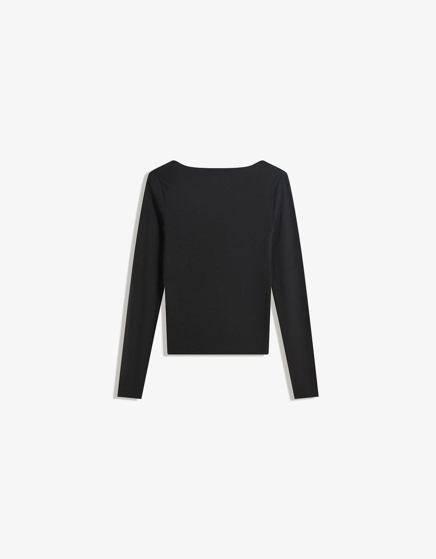 Tricou mânecă lungă guler în V-Negru-4