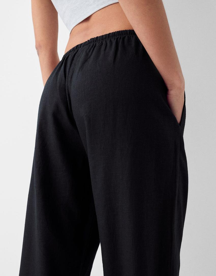 Straight-leg linen blend pants with an elastic waist-Black-3