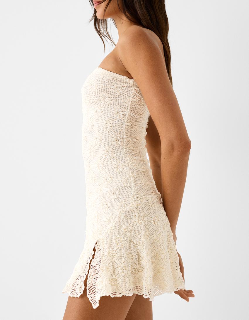 Rustic bandeau mini dress-Cream-3