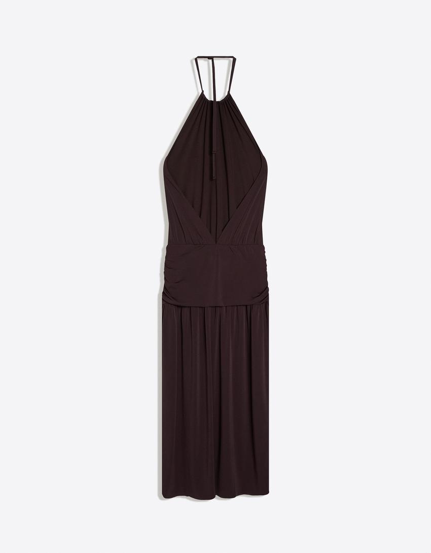 فستان ميدي بياقة هالتر-بني