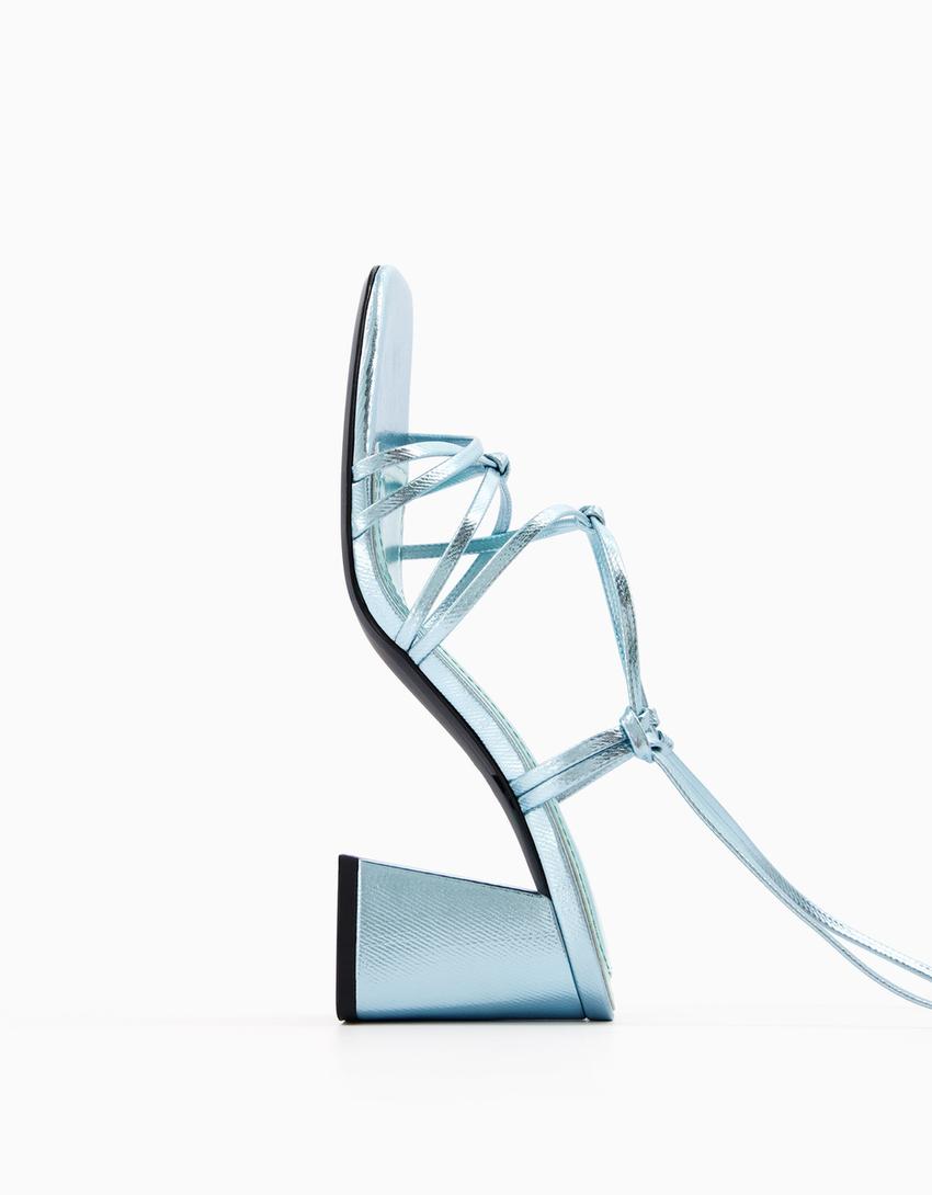 Tied heeled metallic sandals-Silver