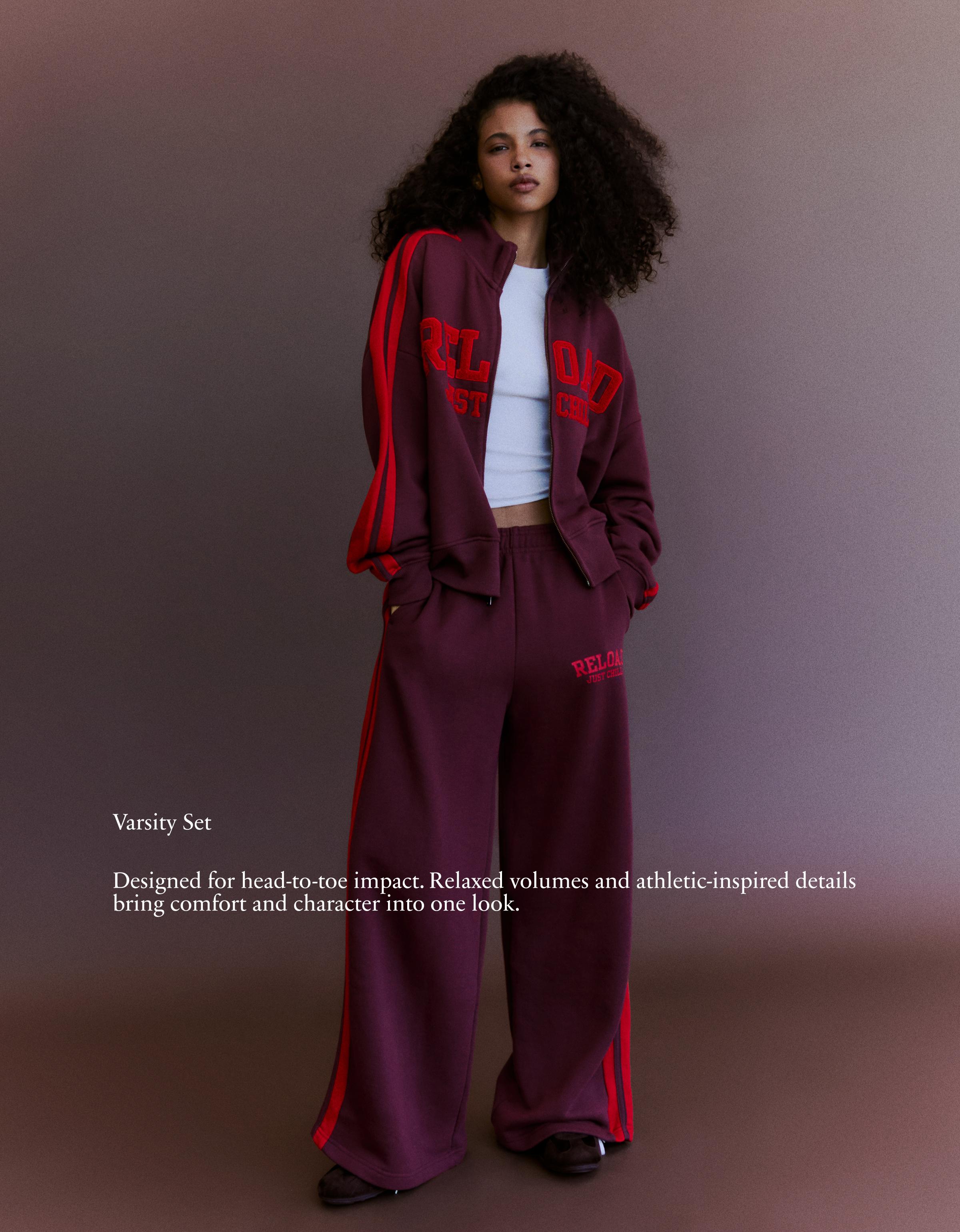 Wide-leg embroidered plush trousers — Burgundy