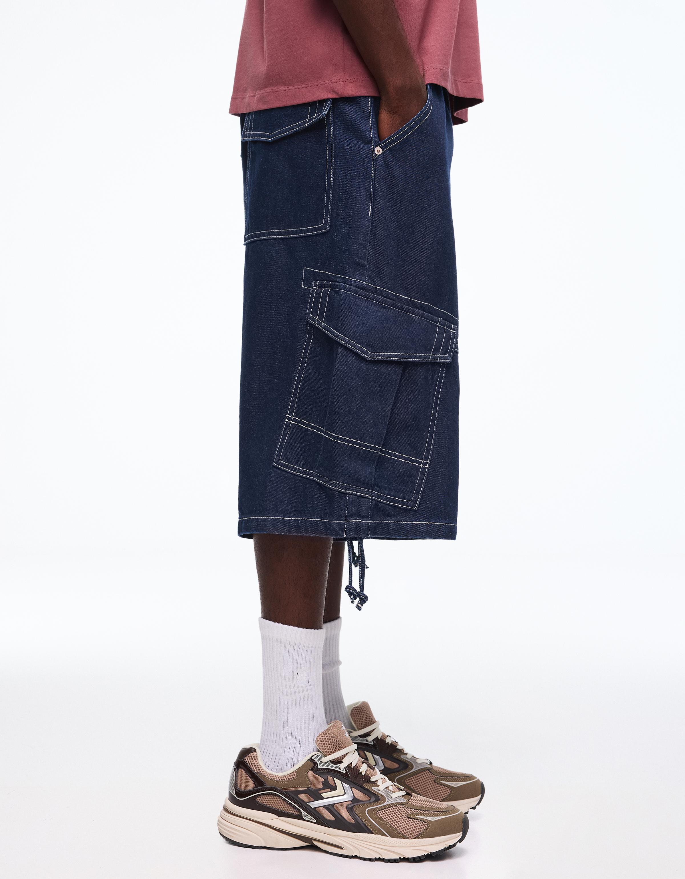 Denim cargo parachute Bermuda shorts — Navy