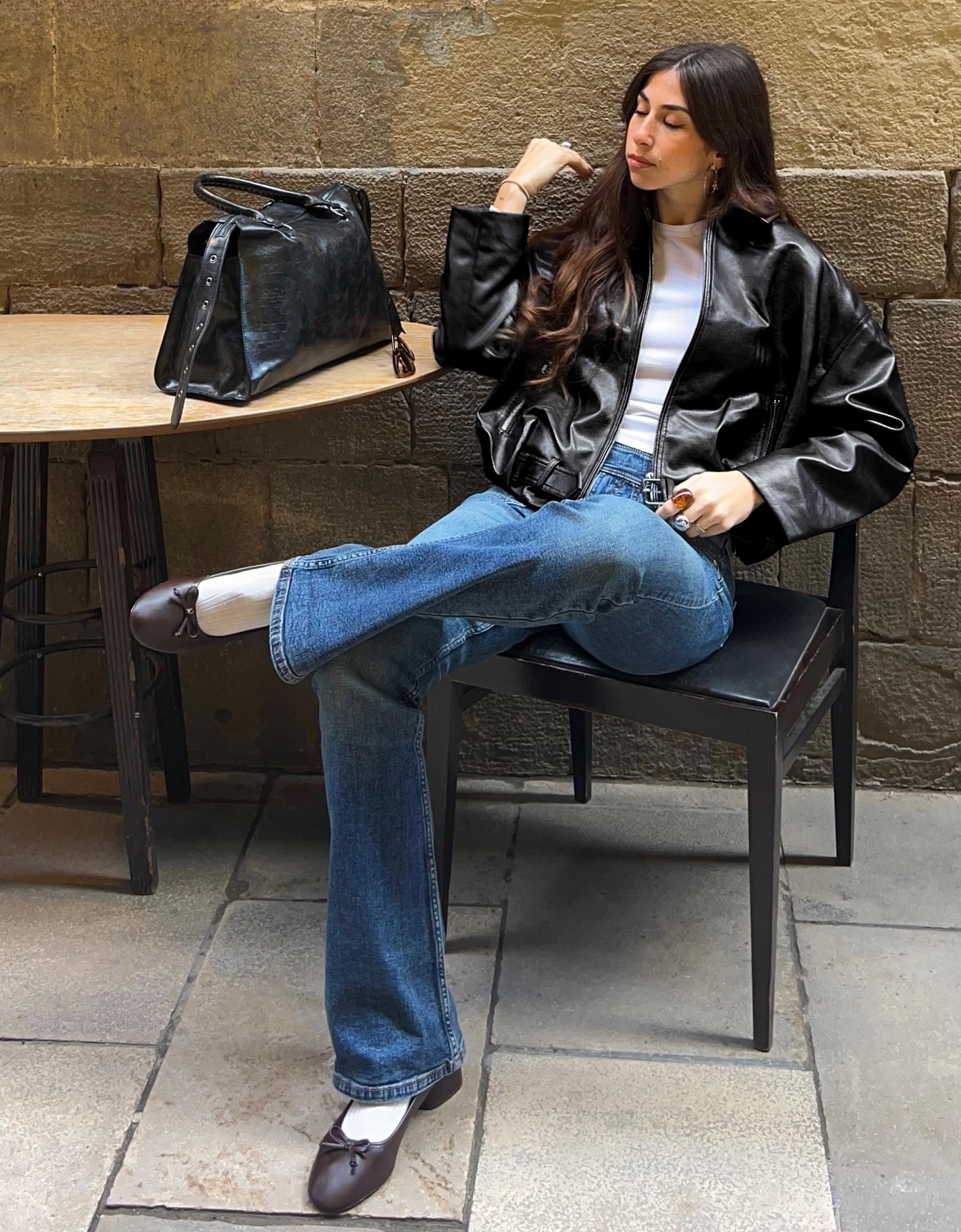 Leather effect bomber jacket with belt — Black