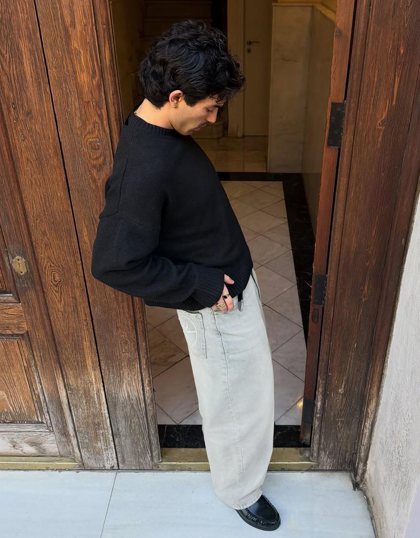 Jeans barrel fit brodé-Bleu clair