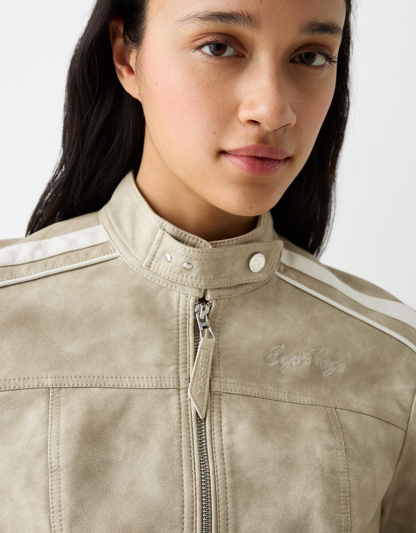 Faux leather jacket with side stripes-Sand