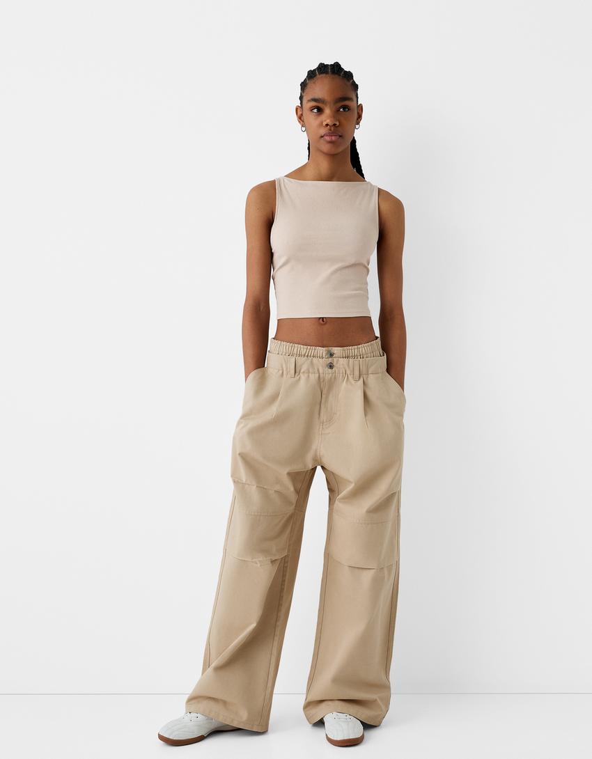 Sleeveless ribbed T-shirt-Camel-3