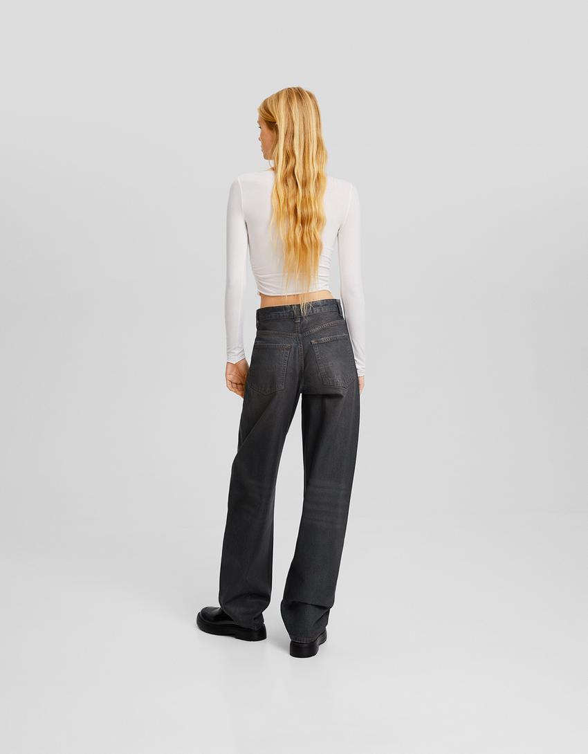 Wide-leg balloon jeans with coating-Brown