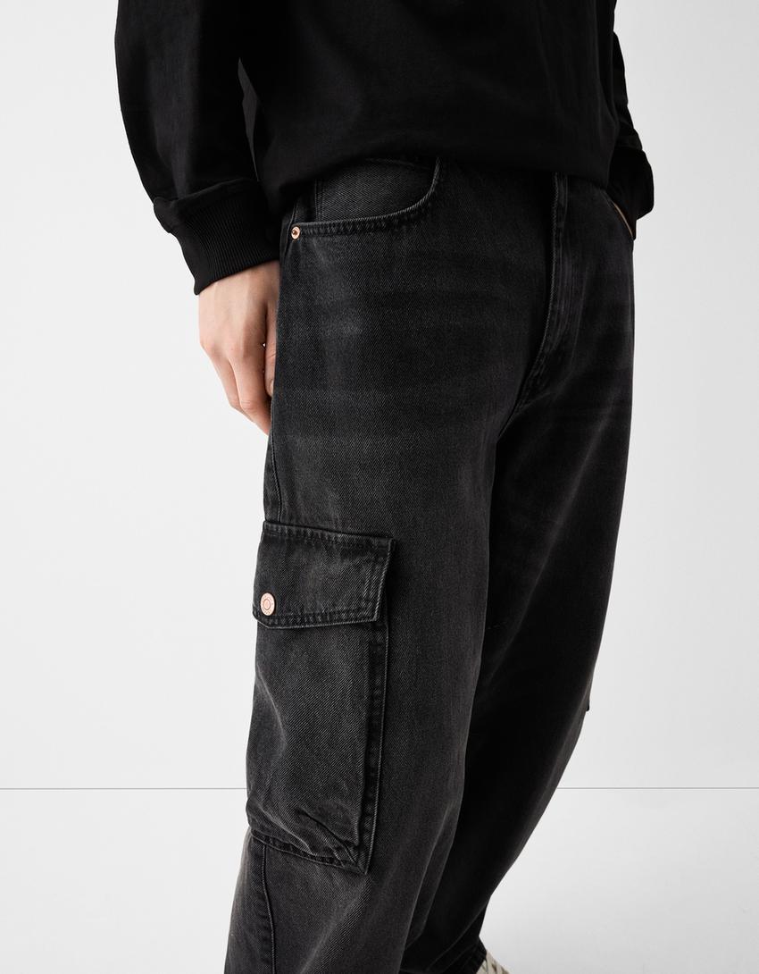 Jeans cargo skater fit efeito lavado dirty-Preto-3