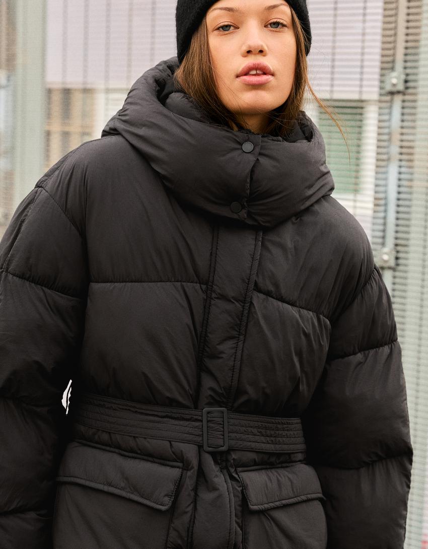 Manteau matelassé 3/4 ceinture-Noir