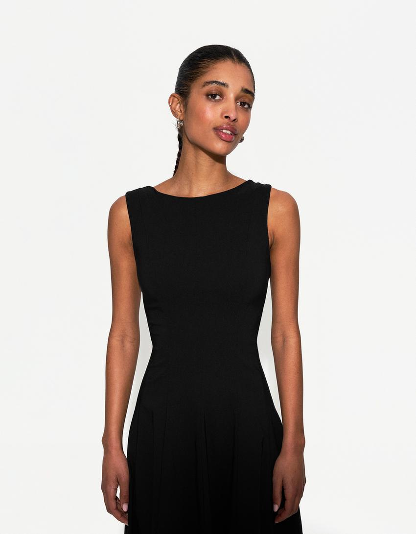 Stretch midi dress with flared skirt-Black-1