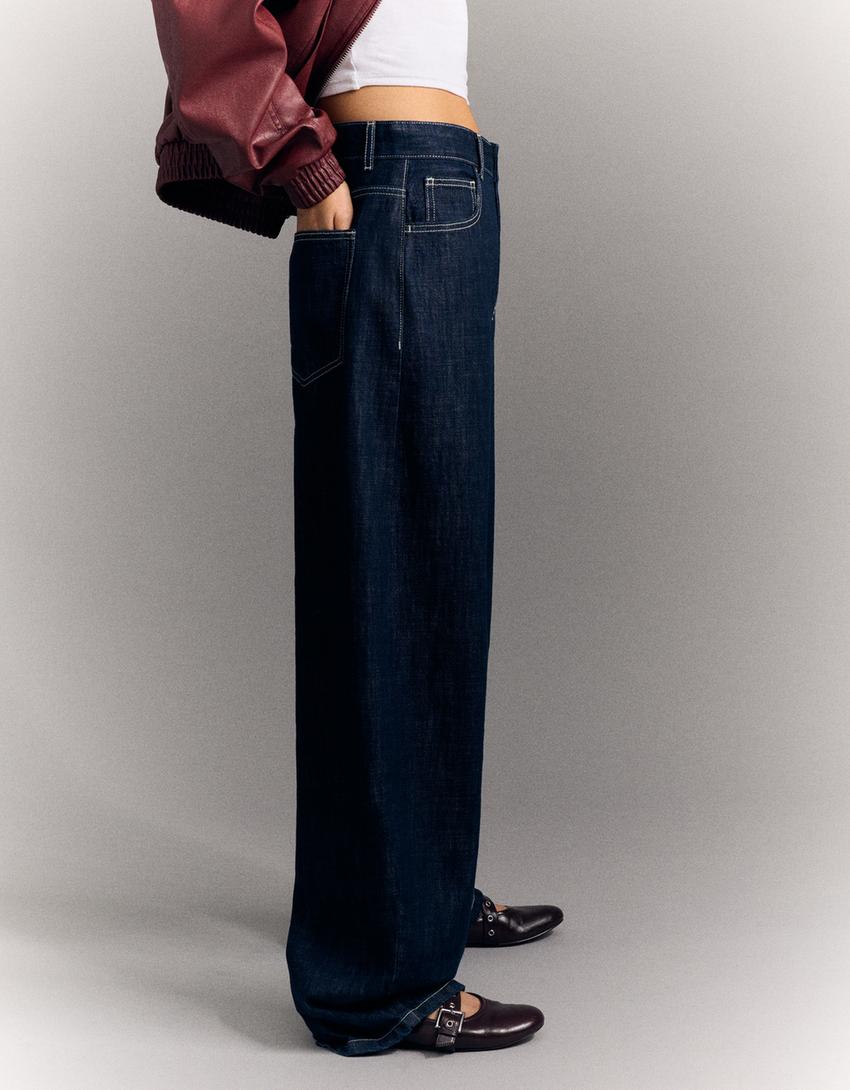 Jeansy wide leg barrel-Granatowy-2