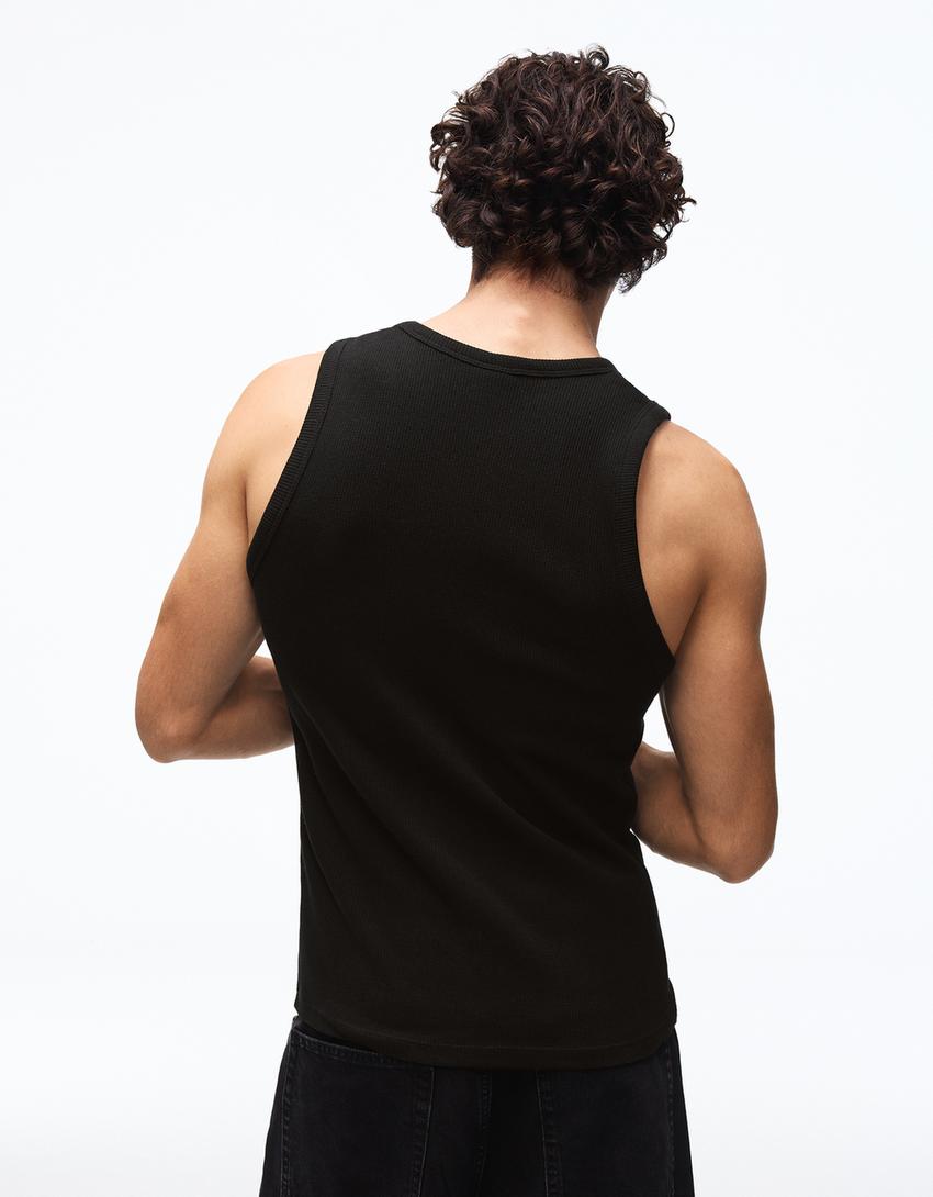 Trägertop mit Waffelstruktur-Print-Schwarz