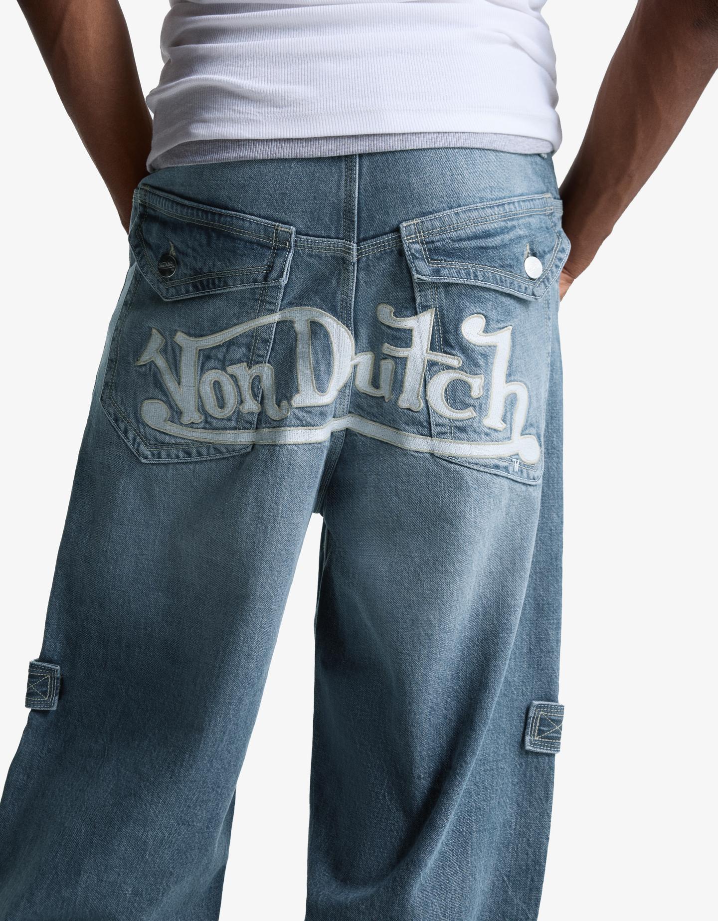 Bershka haftowane jeansy von dutch wyblakły niebieski