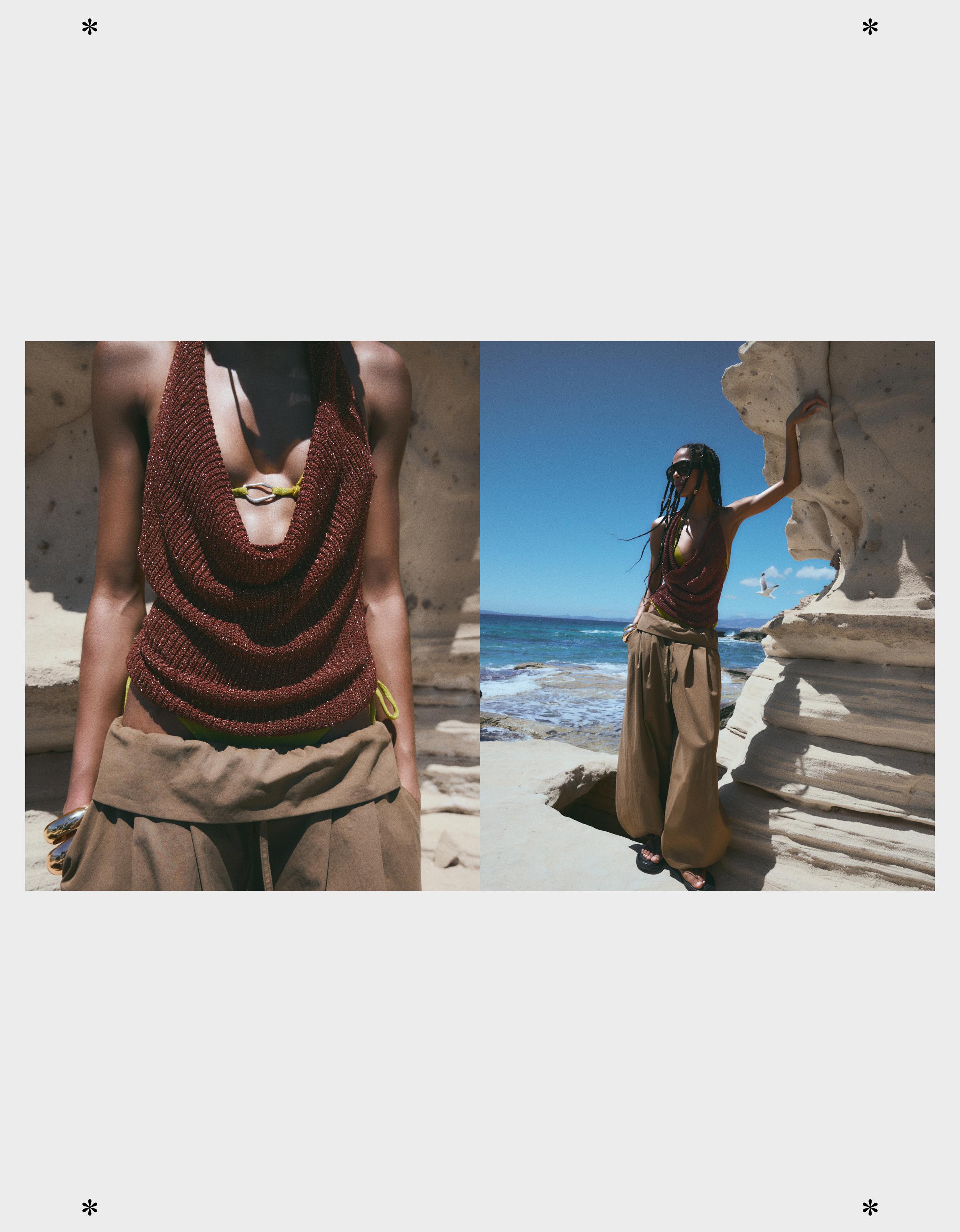 Draped halter top with metallic thread — Brown
