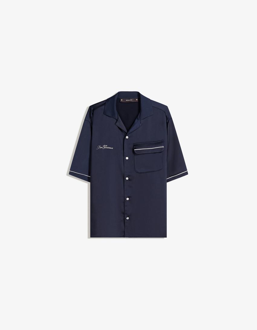 Camicia a maniche corte cropped in satin-Marino