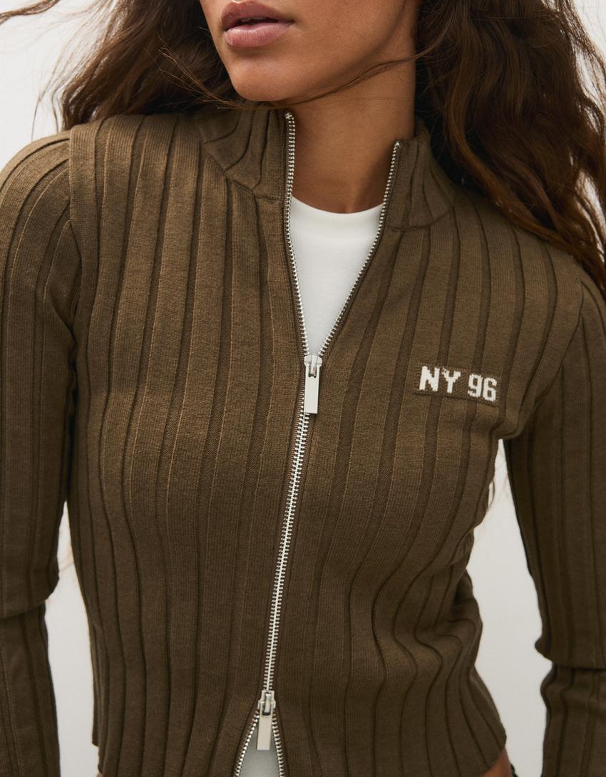 Ribbed zip-up cardigan-Khaki