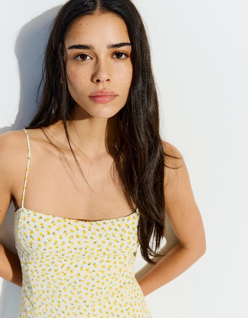 Mini floral print strappy dress-Yellow