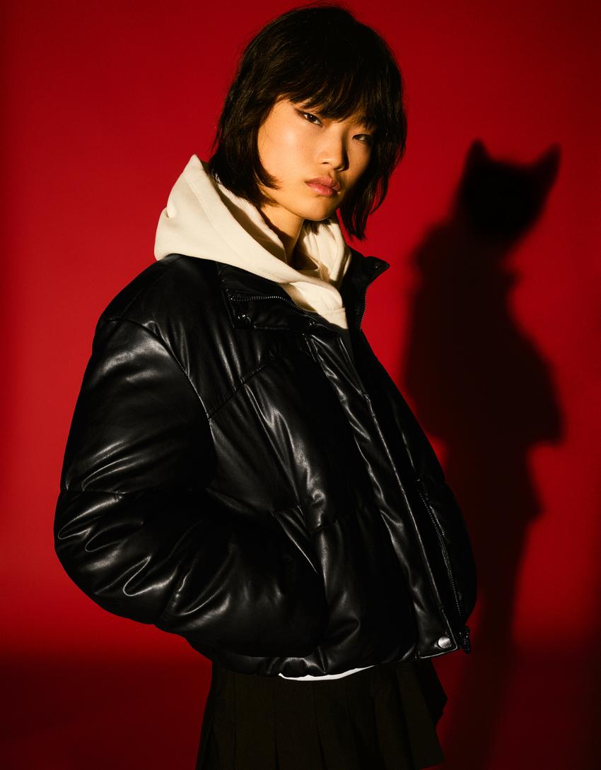 Leather Puffer Bershka Black Puffer Coat Leather Effect Puffer
