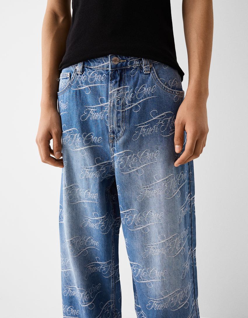 Jacquard print baggy jeans-Light blue-3