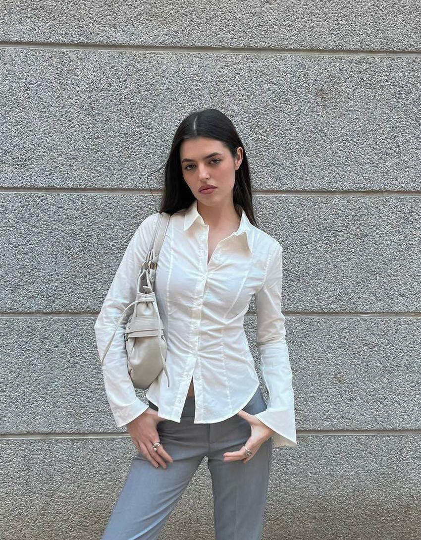 Fitted shirt with flared long sleeves-White
