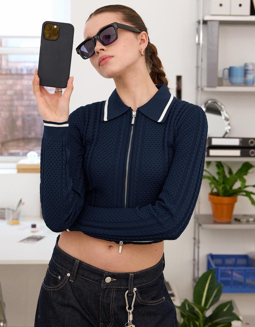 Cable-knit zip cardigan with polo collar Sweaters and cardigans