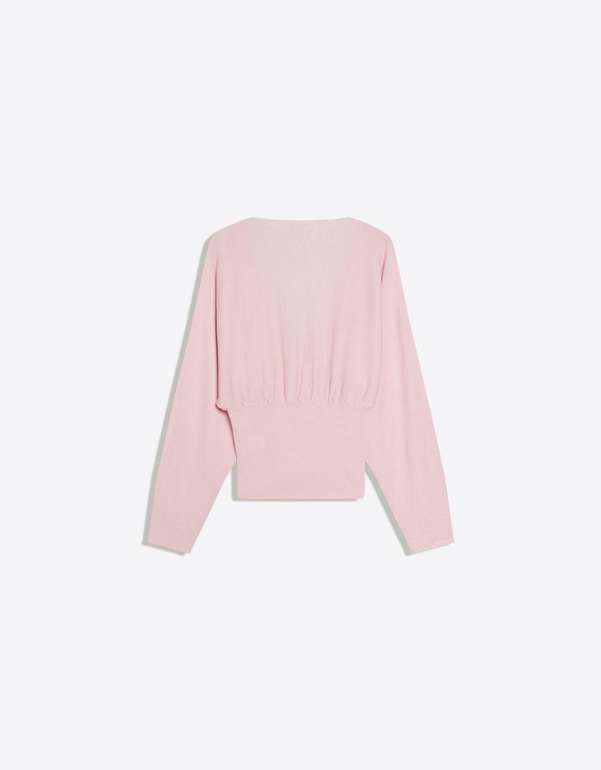 V-neck sweater with sash-Pink