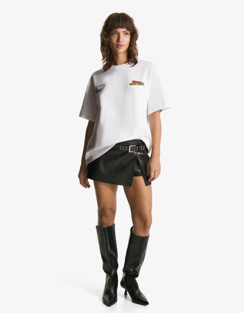 T-shirt Bershka Music DICE manga curta estampado-Branco