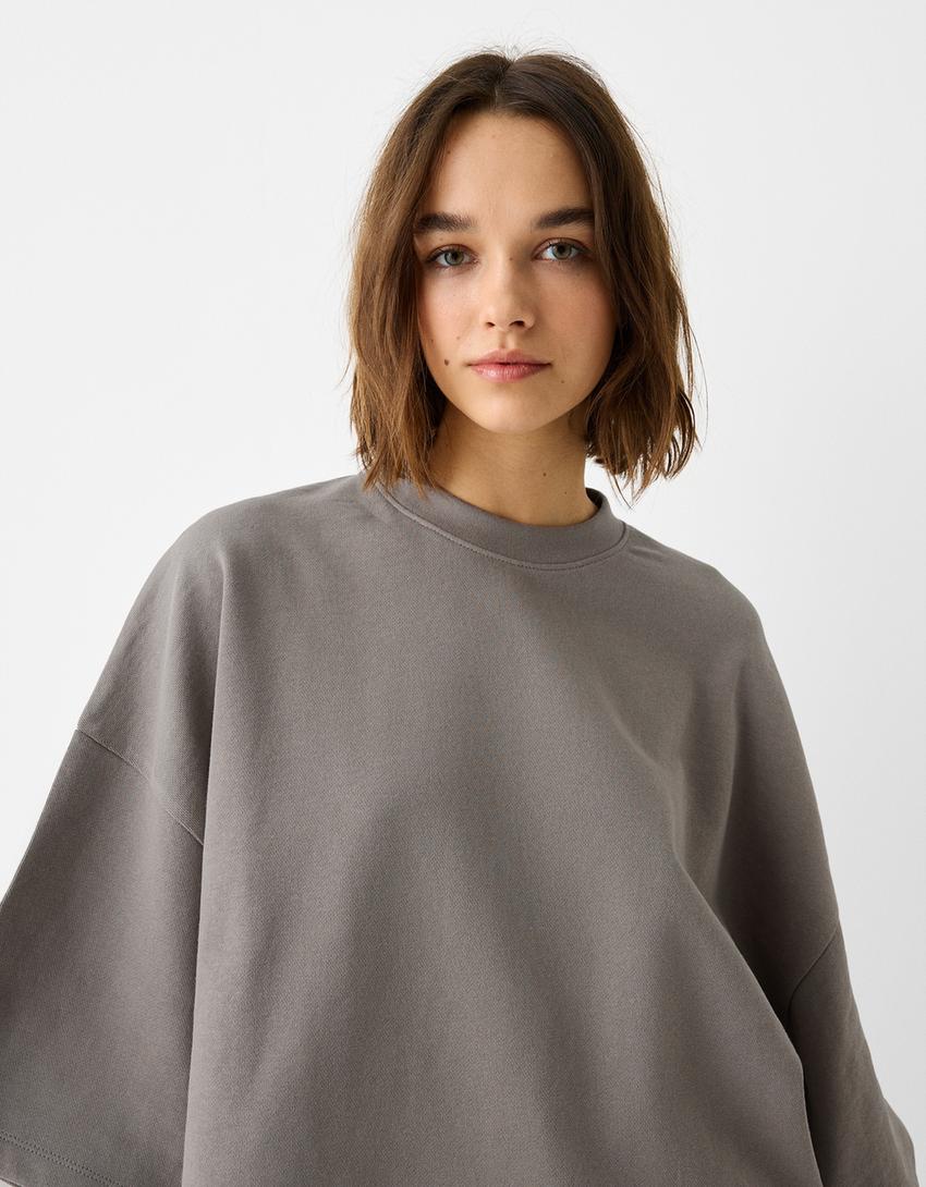 T-shirt manga curta cropped felpa-Cinza-5