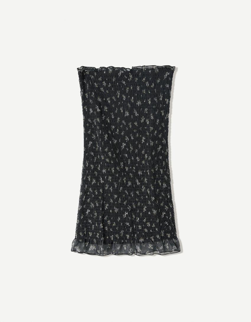 Bandeau print mini dress-Black-0