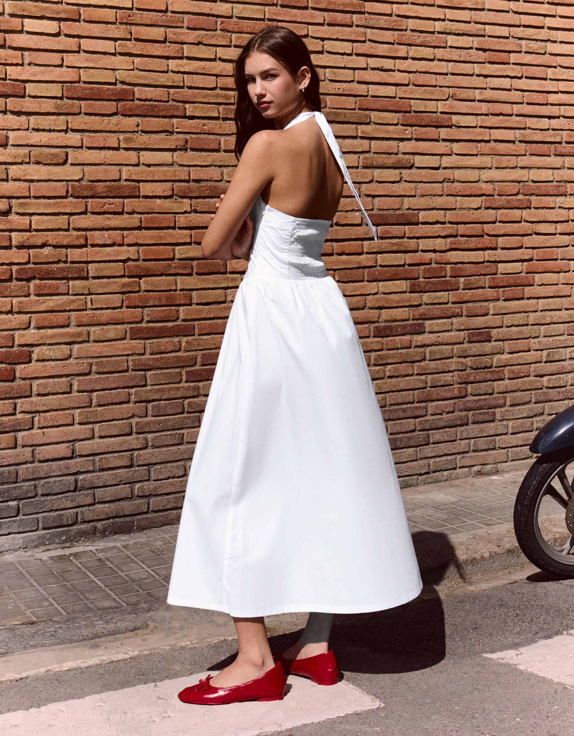 Long halter poplin dress — White