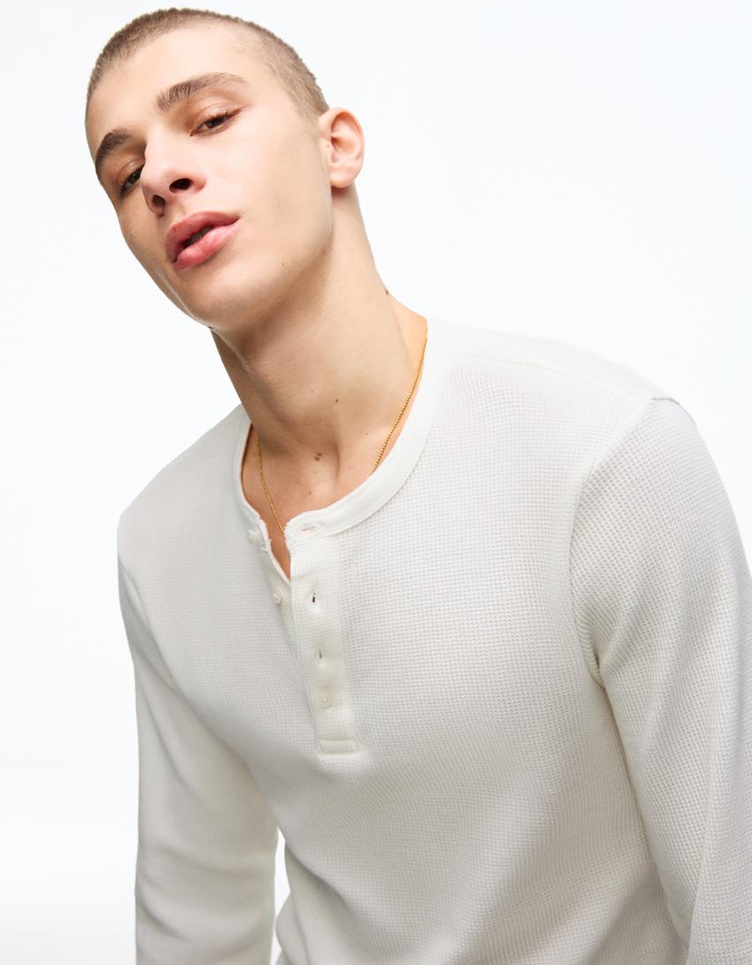 Slim fit long sleeve henley T-shirt-Off white