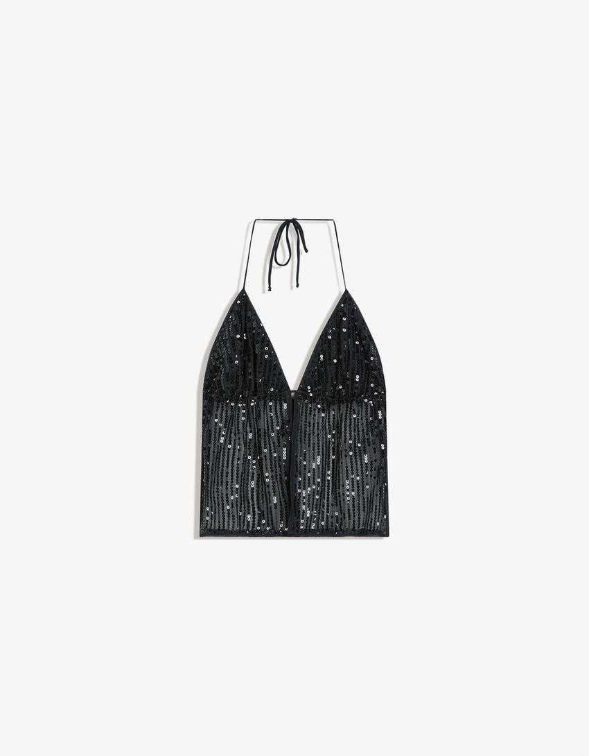 Sequined halter neck top-Black