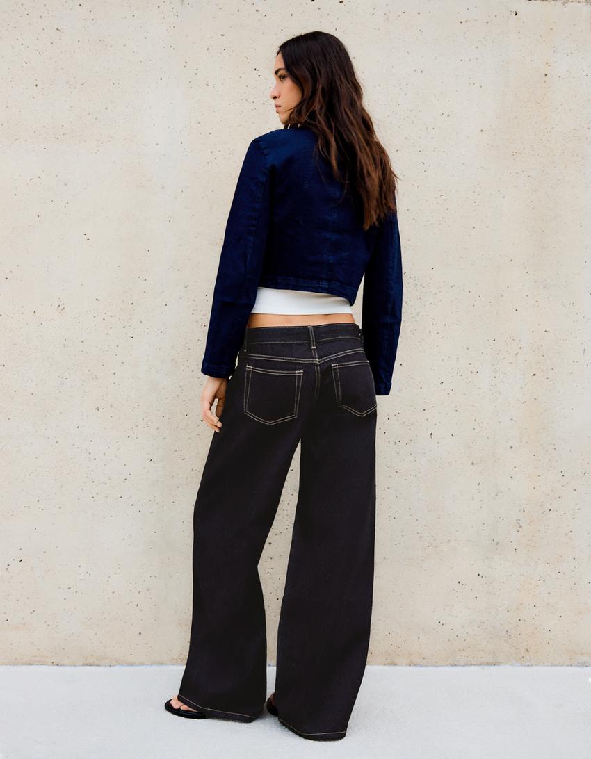 Jeans wide leg taille basse-Marine